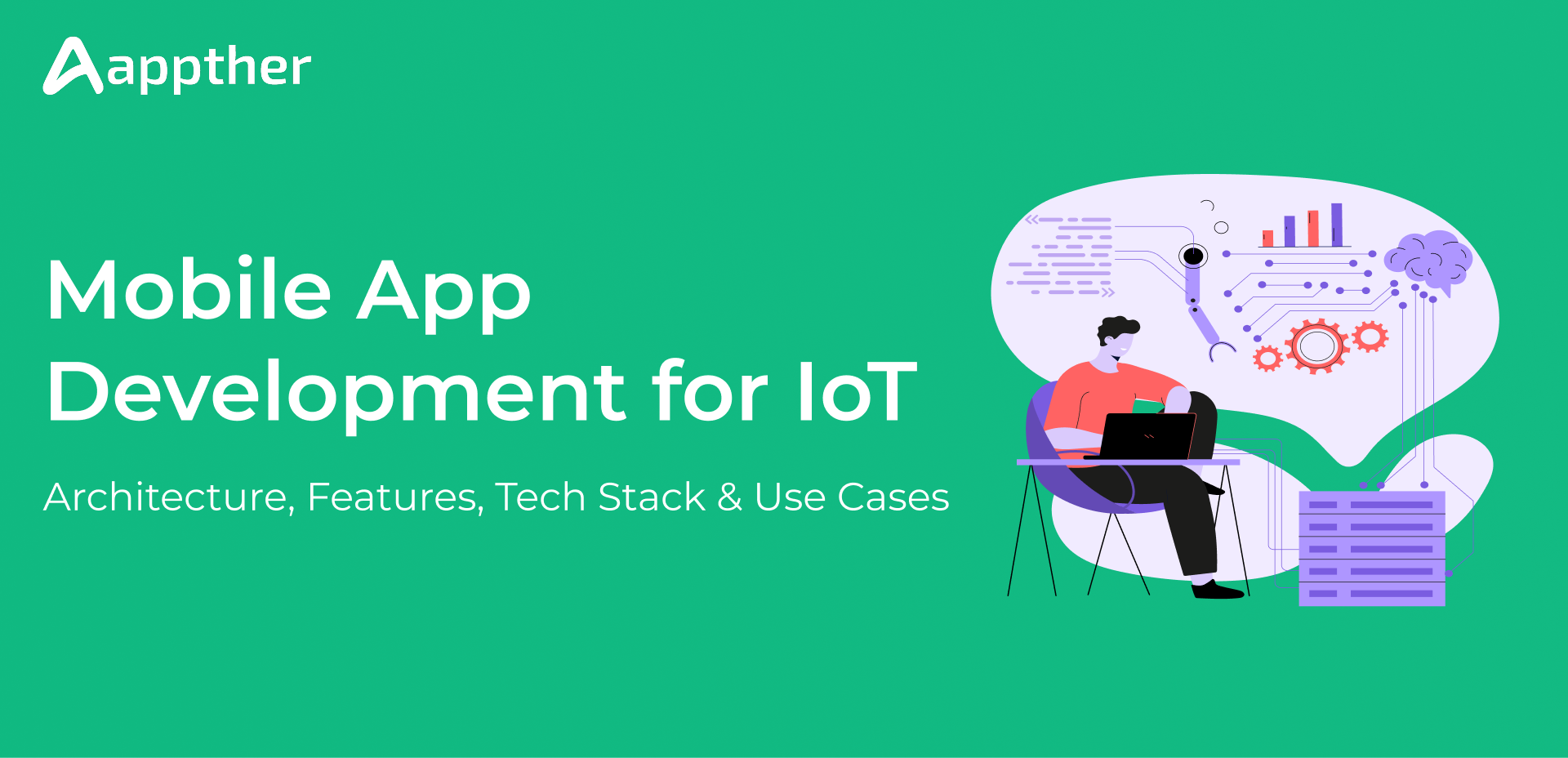 Mobile app development for IoT showing connected devices, cloud, and mobile application