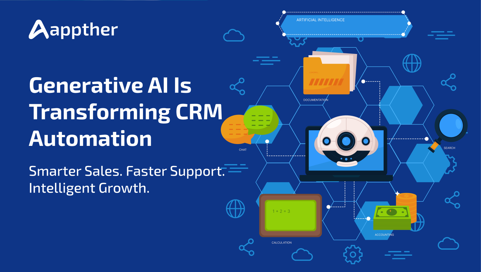 Infographic showing how Generative AI transforms CRM automation across sales, support, marketing, and analytics in 2026